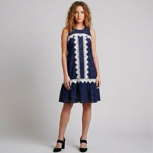 Nha Khanh Womens Navy Blue Eyelet Lace Dress 10 Sleeveless Boho Cottagecore Mini
